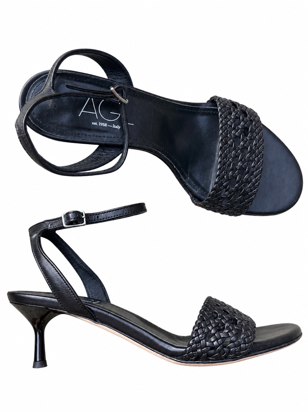 AGL Kitten Heels Black Ankle Strappy Womens Shoes size 38.5 8.5 leather Classic